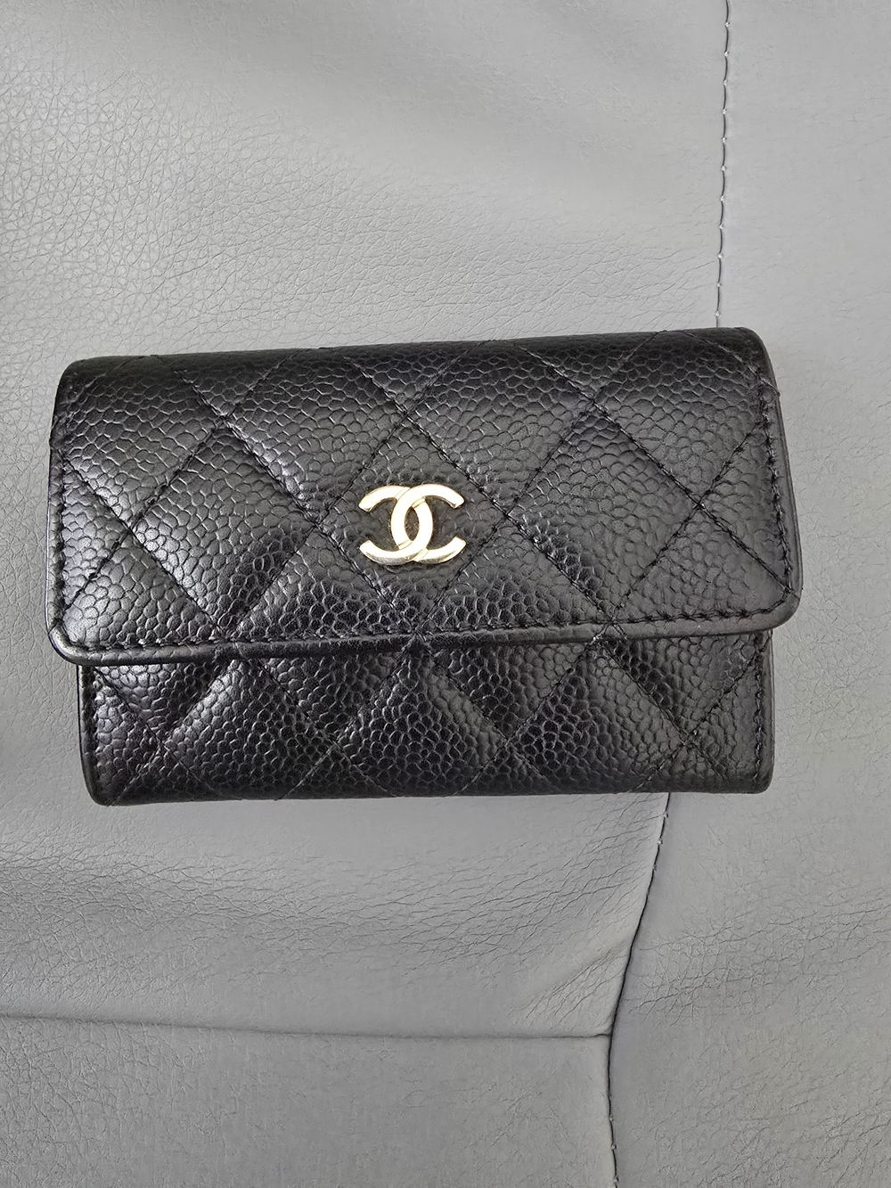 Chanel Black Quilted Caviar Leather Wallet with Gold CC Logo